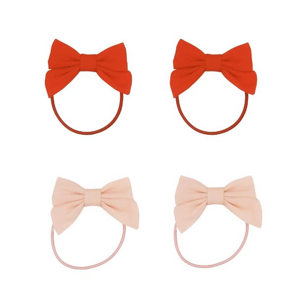 Shop sustainable bow hair ties in blush bloom colours by Grech&Col! Feature strong but stretchy elastics that are perfect for keeping fine to thick hair in place, 4 in one pack and made with OEKO-TEX 100 organic cotton by Grech&Co. Easy to mix and match with any outfit or style. Sustainable kid's accessories.