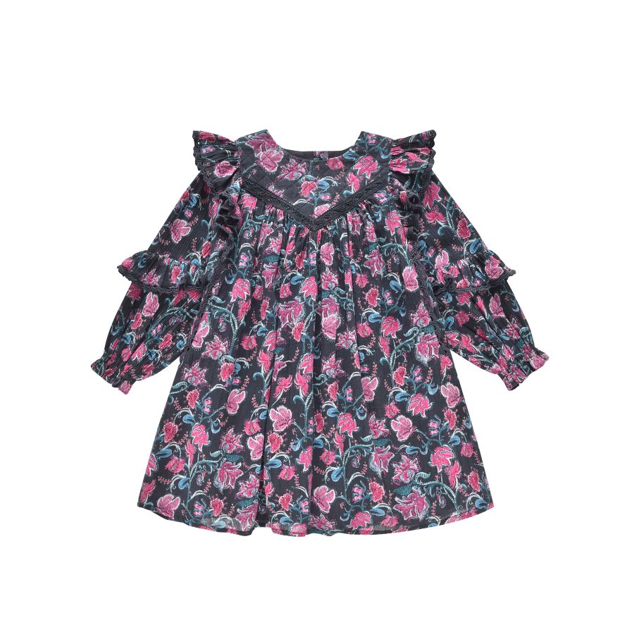Organic cotton girl's dress Larais flowy, breathable, lightweight and with delicate details. The stunning Lara dress is made with organic cotton in a charcoal wildflowers print by Louise Misha. Organic cotton girl's dress Lara is girly, comfortable, and stylish to make you dressed for every situation. We love Mini-me; Mommy and daughter matching available in the same print! Best girls dress this season.