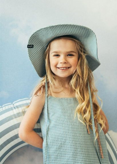 Close-up of mint checkered pattern sun hat - breathable organic cotton kids summer hat by Hebe