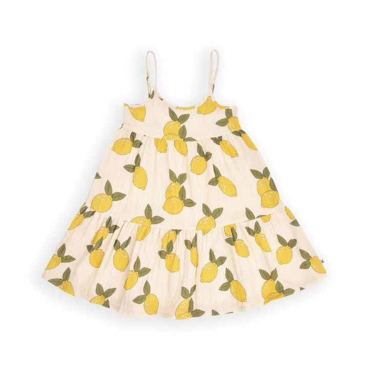 Organic muslin girls' dress with all over lemon print is stylish and will grow with you as have adjustable straps and a wide fit. The perfect girl's and teen summer dress during hot and humid weather- like summer and holidays: shop girls' summer dresses and girl's clothing online in Hong Kong and Singapore.