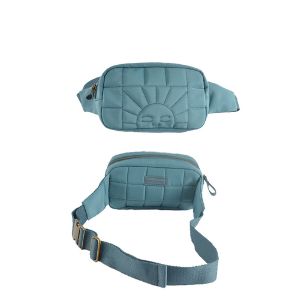 Eco-friendly and sustainable crossbody/waist bag in laguna colour for women and kids from Grech&Co is durable, fun, and stylish. Made from 100% Eco-Friendly Materials: Waterproof 100% recycled polyester outside and inside the fabric, organic cotton strap. Bronze buckles and of course, eco-friendly vegan leather. 