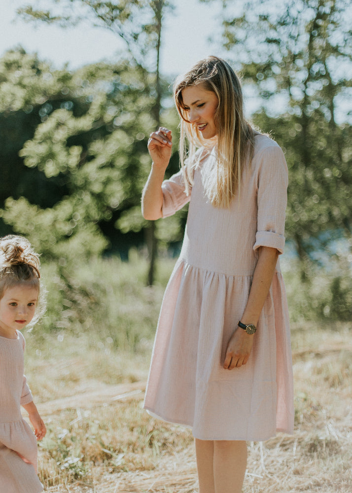 Soft pink organic cotton muslin dress for women — lightweight 3/4 sleeve Back to Nature design by Tiny Bunny | MiliMilu