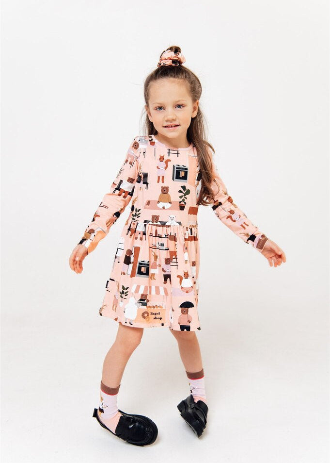 Pink long sleeve girl's dress with New York city print in GOTS organic cotton by Hebe — front view | MiliMilu HK SG AU