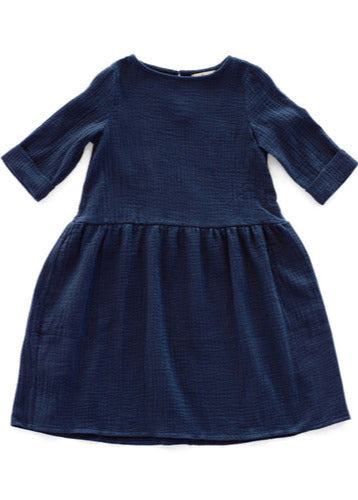 Artisans beautifully handcraft women's dresses in navy colour from organic muslin with sleeves. Mini-me dresses are available on Mommy and daughters days out! 