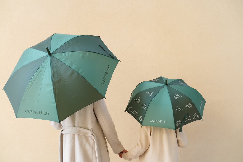 Our new and improved sustainable kids' umbrella from Grech&Co is proudly made with sustainable and eco-friendly materials. The umbrella fabric is made from recycled used bottles turned into recycled polyester fabric - and is biodegradable! Mommy and me and Daddy and me styles available!