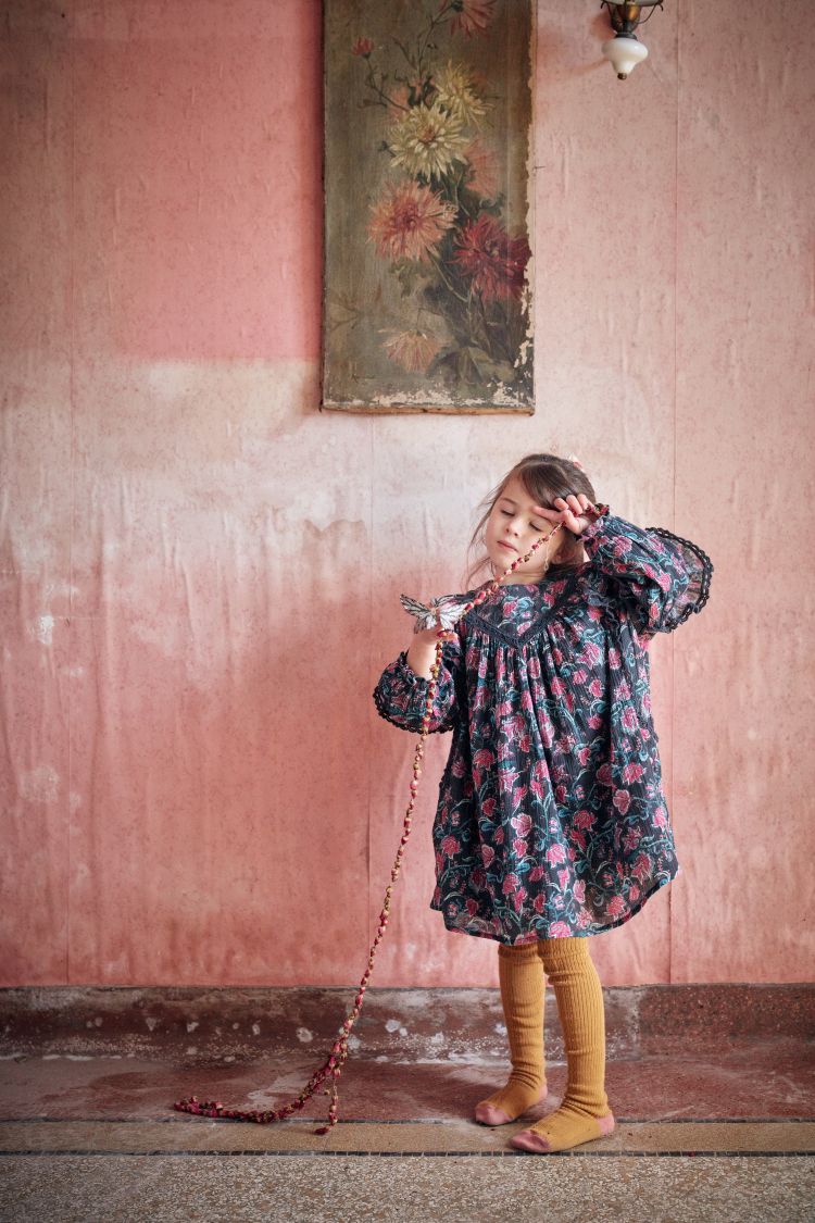 Louise Misha Dress Lara in charcoal wildflowers print, front view of organic cotton girls dress.