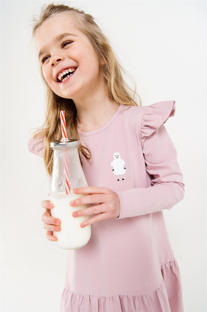 Pink girl dress with long sleeves and cute sheep print made with organic cotton online. Shop girl dresses and sustainable kids clothing at MiliMilu Lifestyle.
