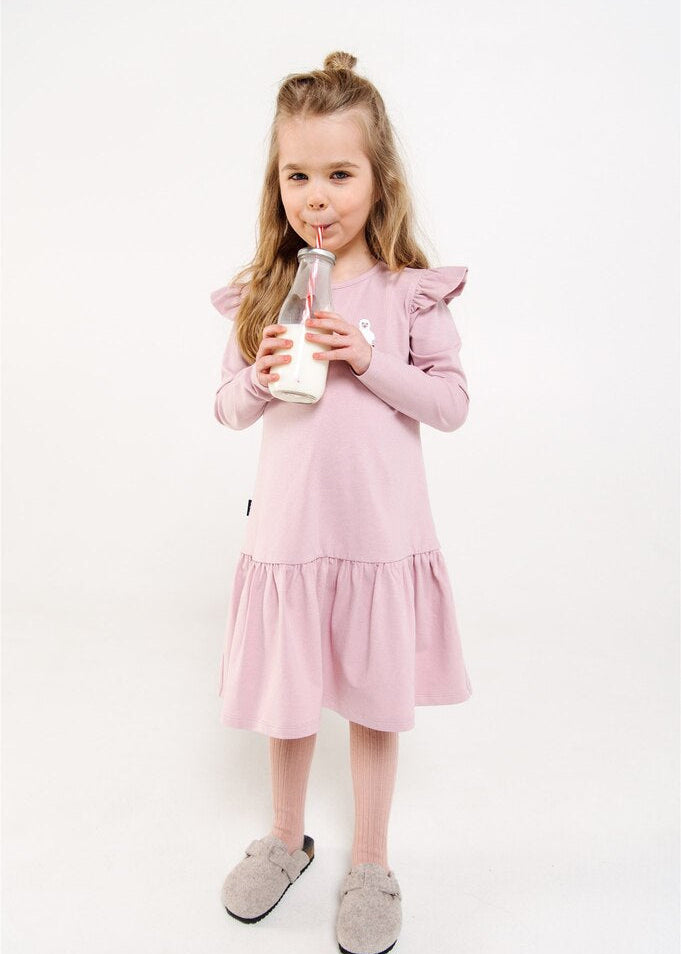 Pink long sleeve girl's dress with sheep print in GOTS organic cotton by Hebe — front view | MiliMilu HK SG AU