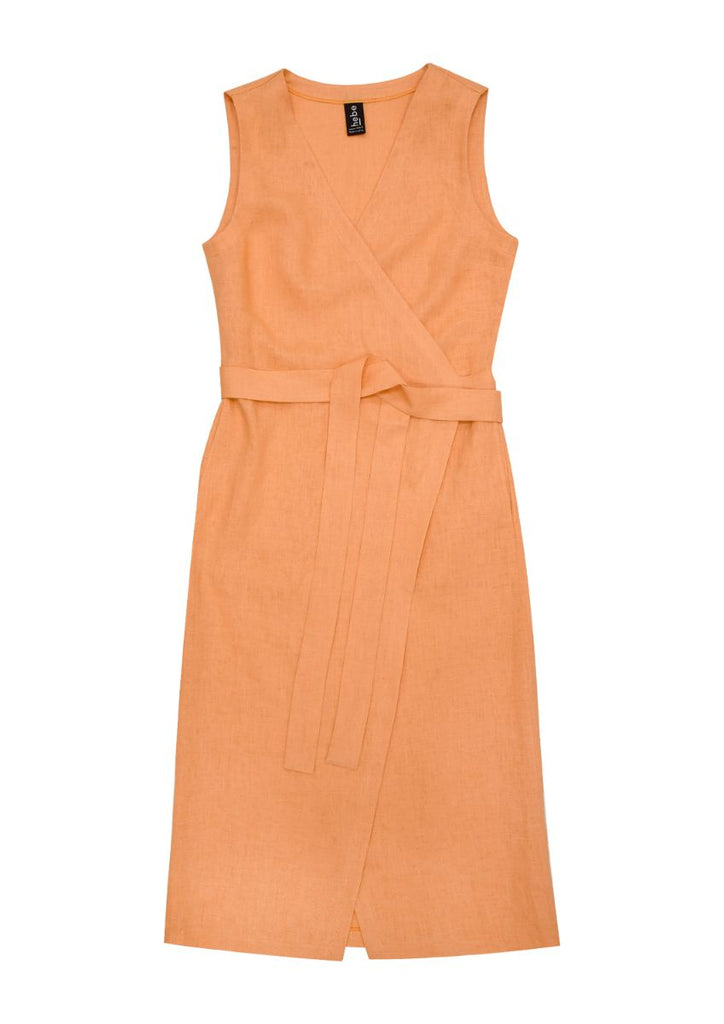 The sustainable and breathable women's linen midi wrap dress in apricot colour will become your wardrobe staple in no time. The apricot linen women's wrap dress is bright orange colour. Linen is one of our favorite fabrics and is perfect for hot and humid weather. Milimilu offers sustainable linen clothing.