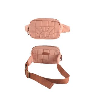 Eco-friendly and sustainable crossbody/waist or fanny bag for women and kids in sunset colour from Grech&Co is durable and s tylish. Made from 100% Eco-Friendly Materials: Waterproof 100% recycled polyester outside and inside the fabric, organic cotton strap. Bronze buckles and of course, eco-friendly vegan leather. 