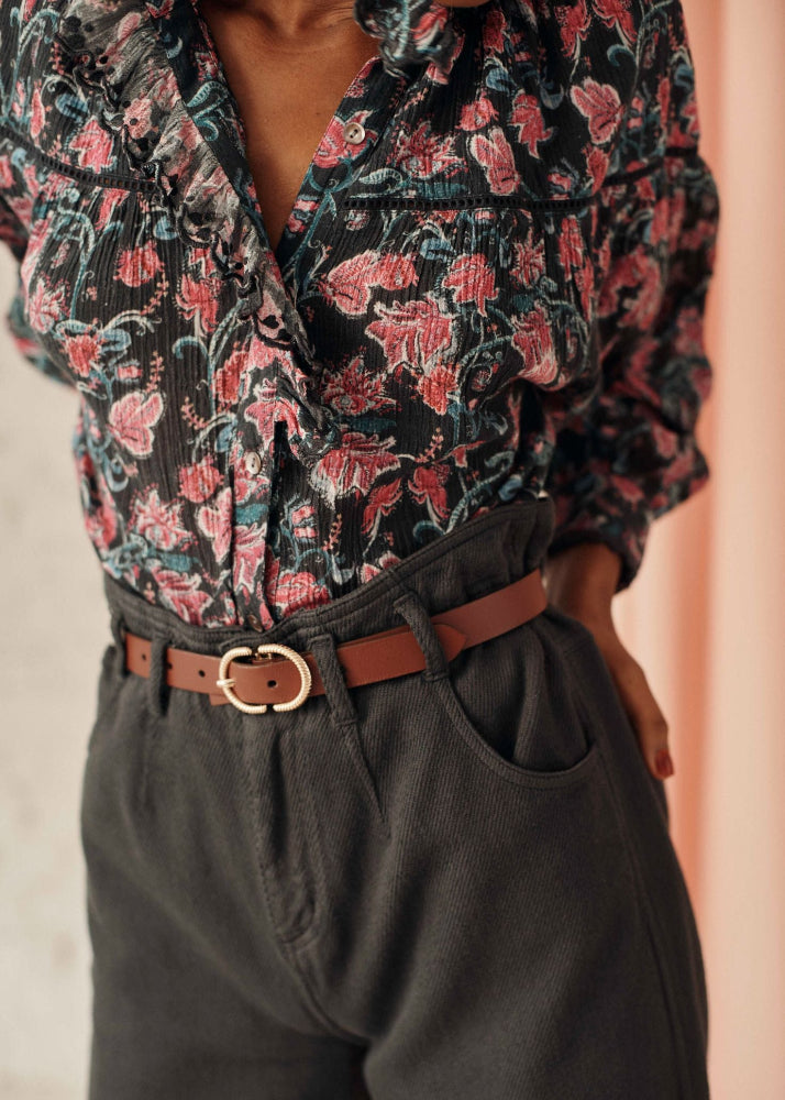 Sustainable women's blouse by Louise Misha — charcoal floral print, mother-of-pearl buttons | MiliMilu