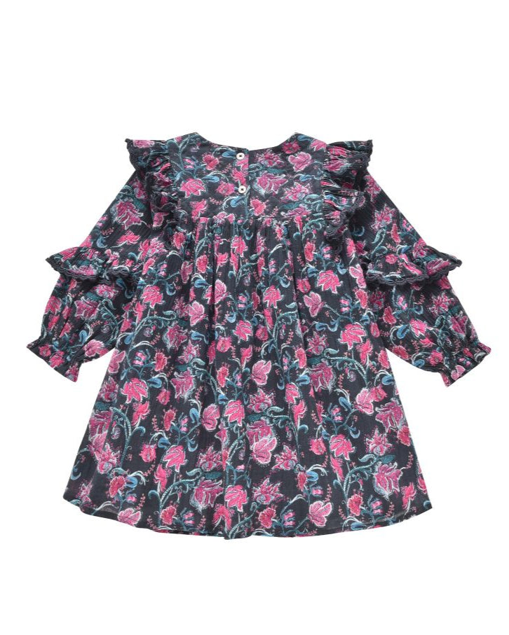 Close up back of Dress Lara lace trim details and wildflower print on organic cotton.
