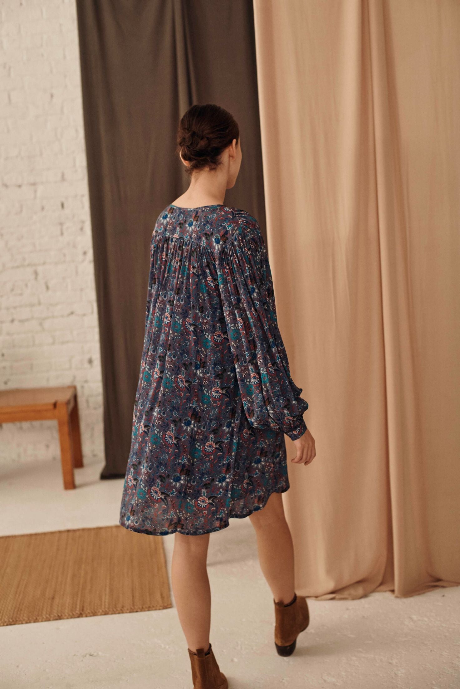 Shana women's dress is a vintage-inspired blue pattern by Louise Misha is breathable and lightweight with volume sleeves. High-quality women's dresses online.