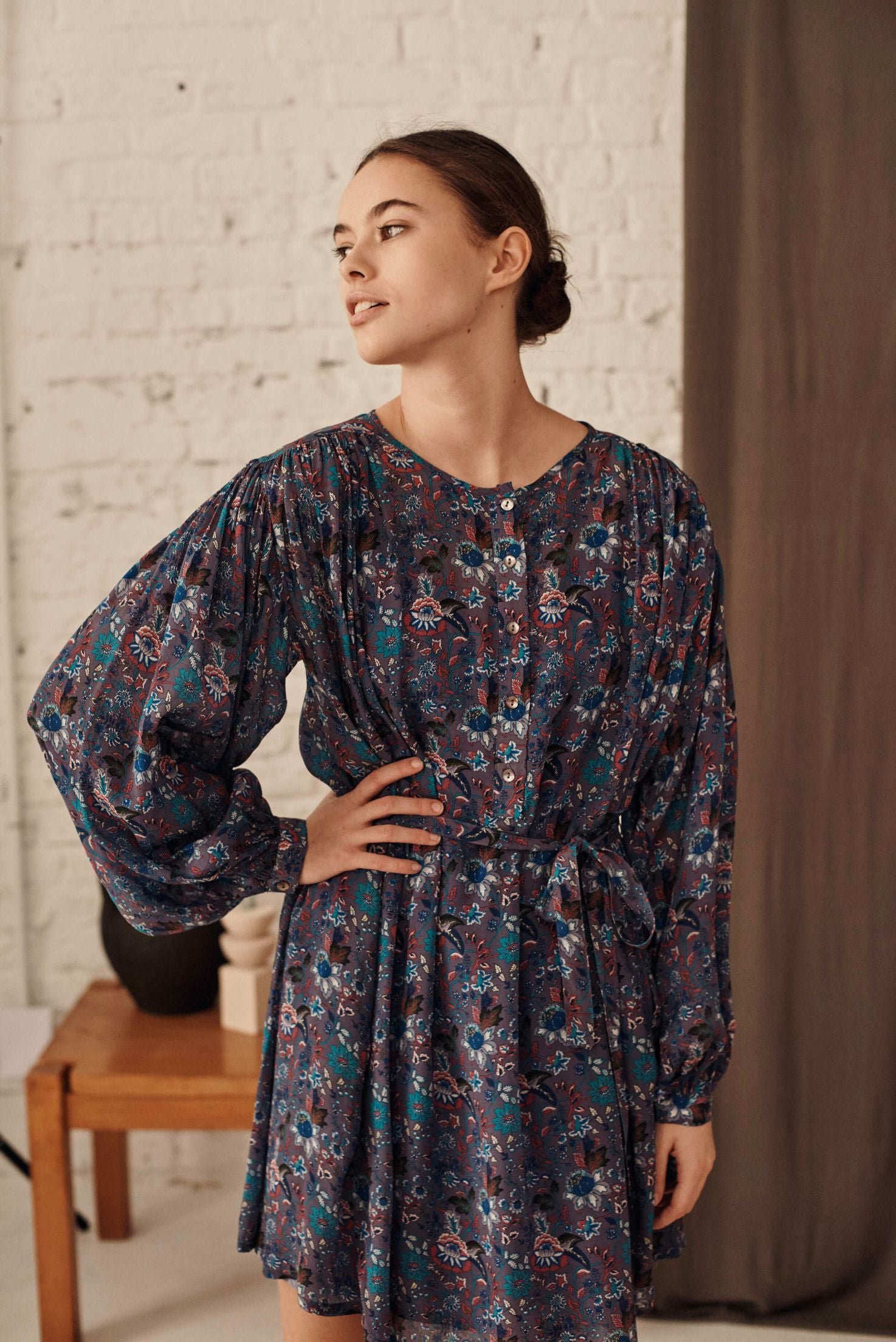 Shana women's dress is a vintage-inspired blue pattern. Very light and breathable model short women dress by Louise Misha. Shana women's dress is breathable and lightweight with a vibrant blue pattern and volume sleeves, perfect to be worn to work, after work and on weekends. High-quality women's dresses online.