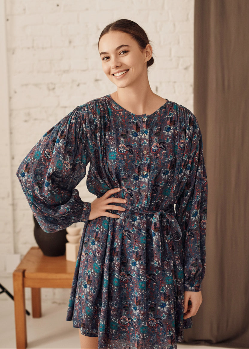 Shana women's dress by Louise Misha — vintage-inspired blue floral print with fluid cut | MiliMilu HK SG AU