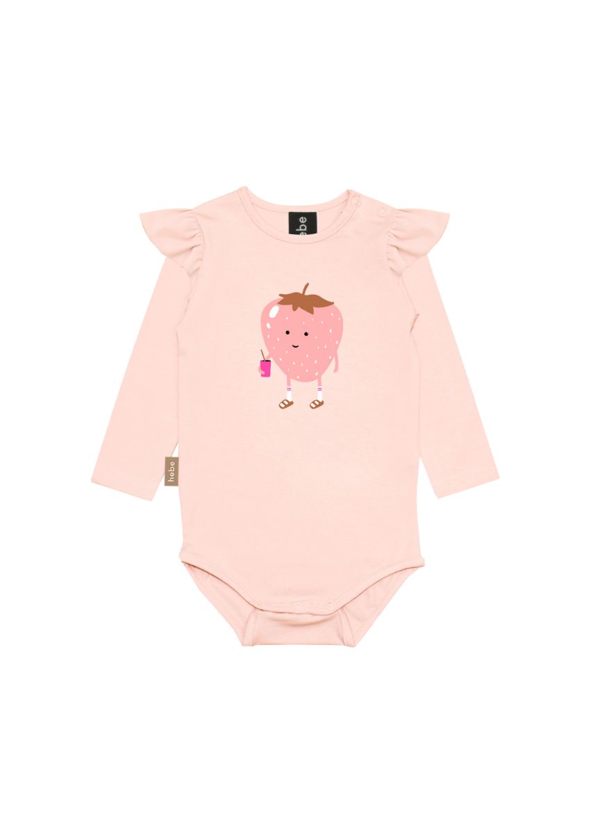 Breathable organic cotton baby girls romper in light pink color with strawberry print and ruffles on the shoulders. The breathable baby clothing online.