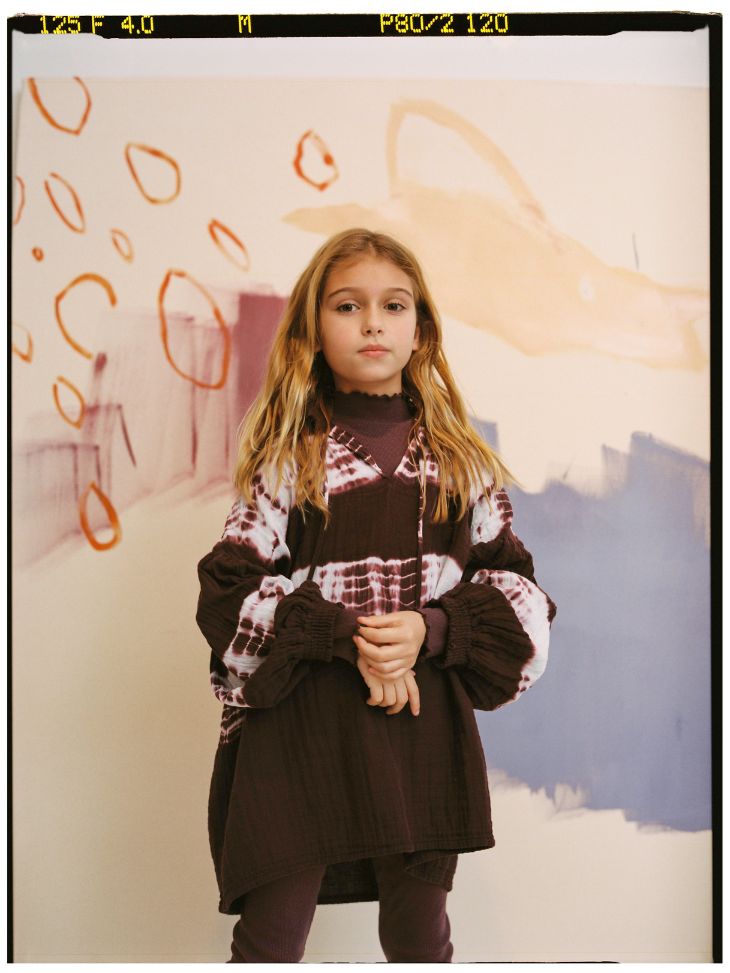 Girls wearing Olivia dress cherry outdoors - breathable organic cotton tie-dye dress