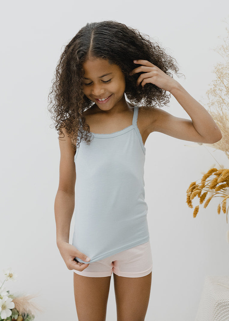 Kids camisoles in blue are soft and easy to wear. Made with Lenzing TENCEL Micro Modal Fibers. Kids underwear for sensitive skin and the best kids underwear. 