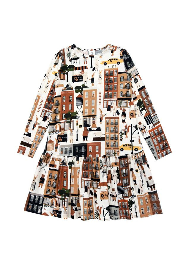 Girls organic cotton long sleeve dress with New York print by Hebe — sustainable kids fashion | MiliMilu HK SG AU