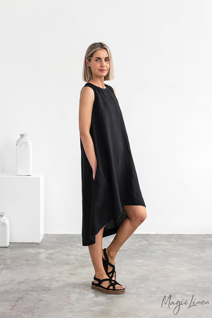 Toscana black linen women's dress is flowy and free-fitted, made with high-quality European linen, breathable and lightweight, perfect clothing for hot and humid weather. Simple and stylish women's black linen dress will be part of your capsule wardrobe, shop women linen dresses online in Hong Kong and Singapore.
