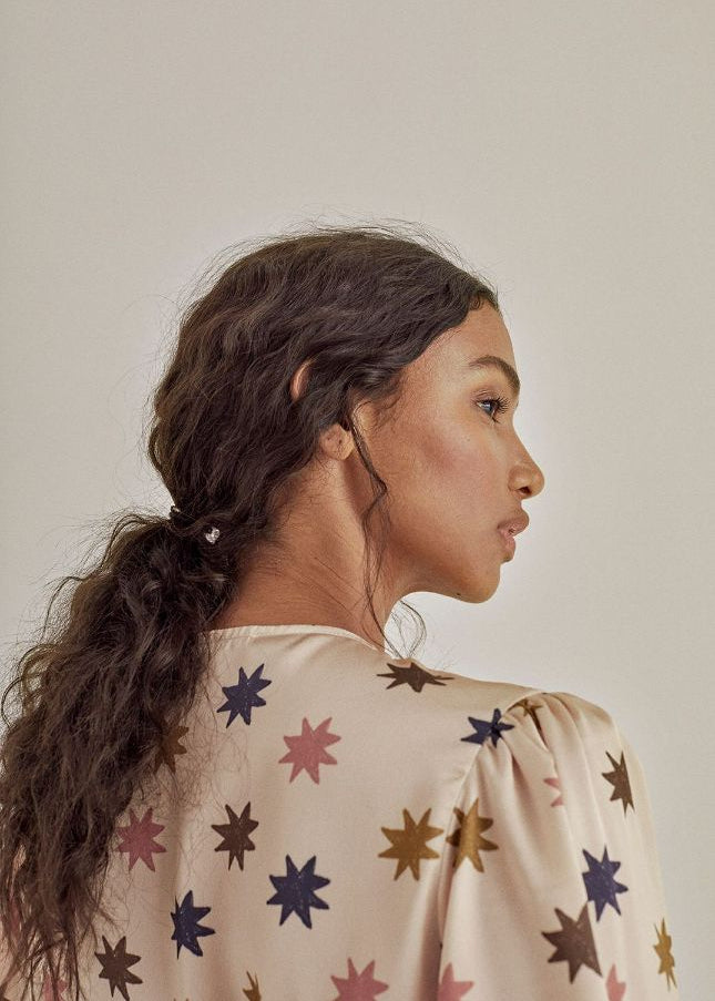 Dreamy silver metallic wrap dress for women — The New Society Daria, flowy recycled polyester