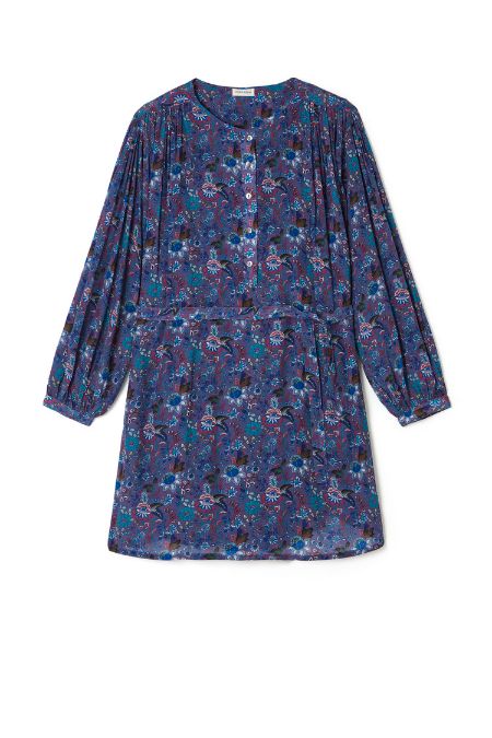 Shana women's dress is a vintage-inspired blue pattern by Louise Misha is breathable and lightweight with volume sleeves. High-quality women's dresses online.
