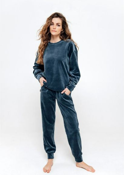 Women's blue velvet joggers by Hebe — OEKO-TEX certified, fair trade made in Latvia, available at Milimilu