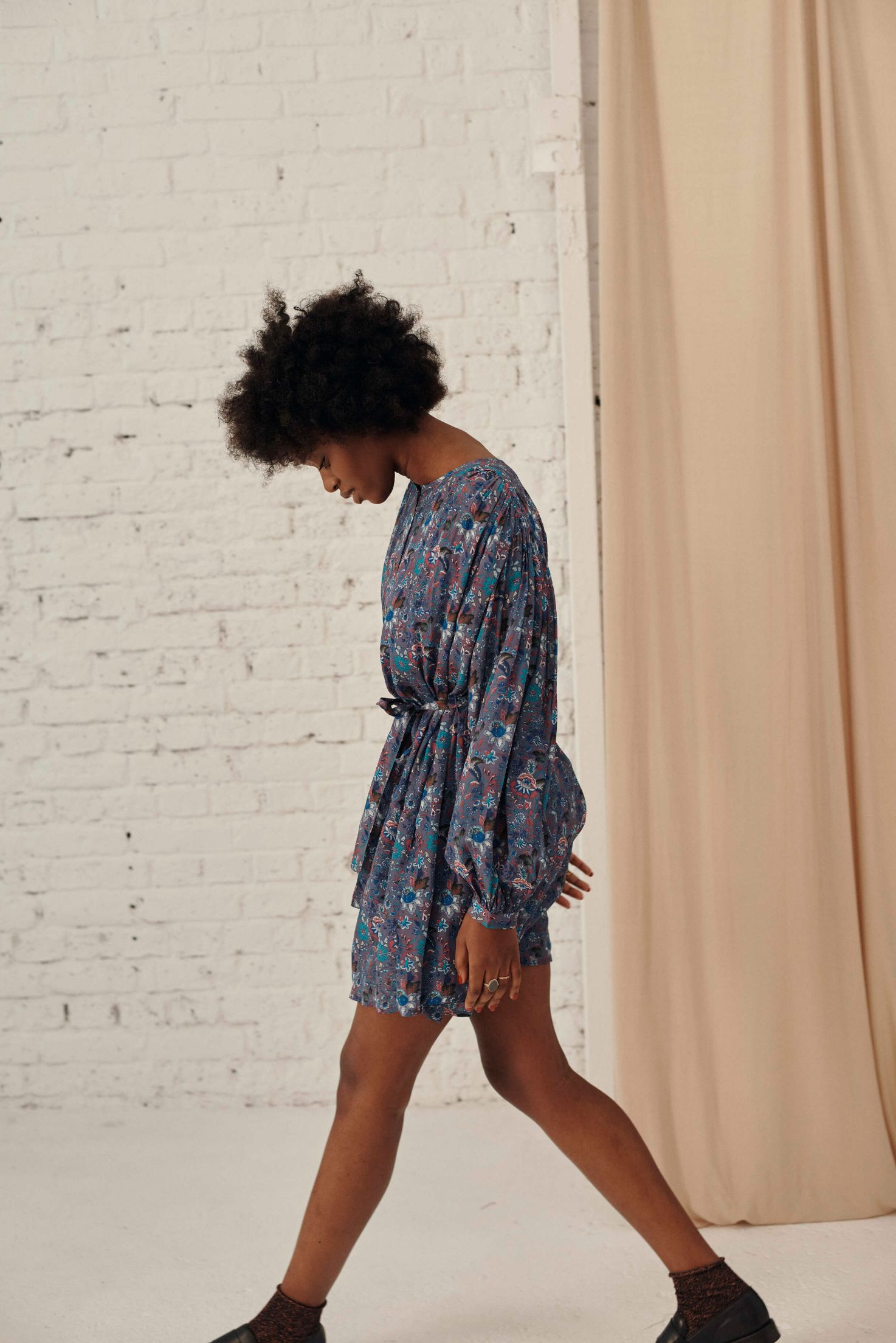 Shana women's dress is a vintage-inspired blue pattern by Louise Misha is breathable and lightweight with volume sleeves. High-quality women's dresses online.